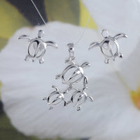 Beautiful Mom & 2 Baby Sea Turtle Earring and Necklace, Sterling Silver Hawaiian Sea Turtle Pendant, N6026S Birthday Valentine Wife Mom Gift
