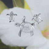 Beautiful Hawaiian Large Sea Turtle Hibiscus Earring and Necklace, Sterling Silver Turtle Hibiscus CZ Pendant, N6025S Birthday Mom Gift