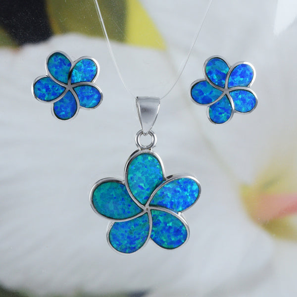 Beautiful Hawaiian Blue Opal Plumeria Earring and Necklace, Sterling Silver Opal Plumeria Flower Pendant, N6006 Birthday Valentine Mom Gift