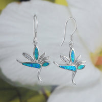 Unique Hawaiian Large Blue Opal Bird of Paradise Earring, Sterling Silver Opal Bird of Paradise CZ Dangle Earring, E6155 Birthday Mom Gift
