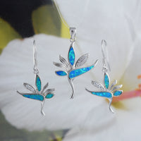 Stunning Hawaiian Bird of Paradise Necklace and Earring, Sterling Silver Blue Opal Bird of Paradise CZ Pendant, N6156S Birthday Mom Gift