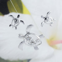 Beautiful Hawaiian Large Sea Turtle Necklace and Earring, Sterling Silver 3 Plumeria CZ Turtle Pendant N6142S Birthday Valentine Mom Gift