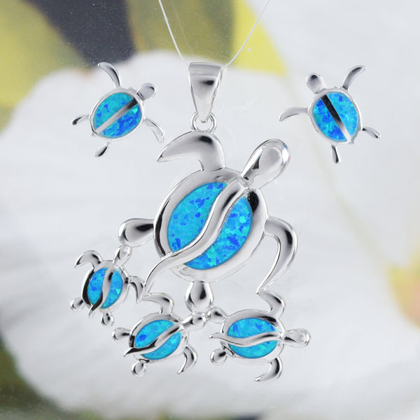 Gorgeous Hawaiian X-Large Mom & 3 Baby Sea Turtle Earring and Necklace, Sterling Silver Blue Opal Turtle Family Pendant, N6172S Mom Gift