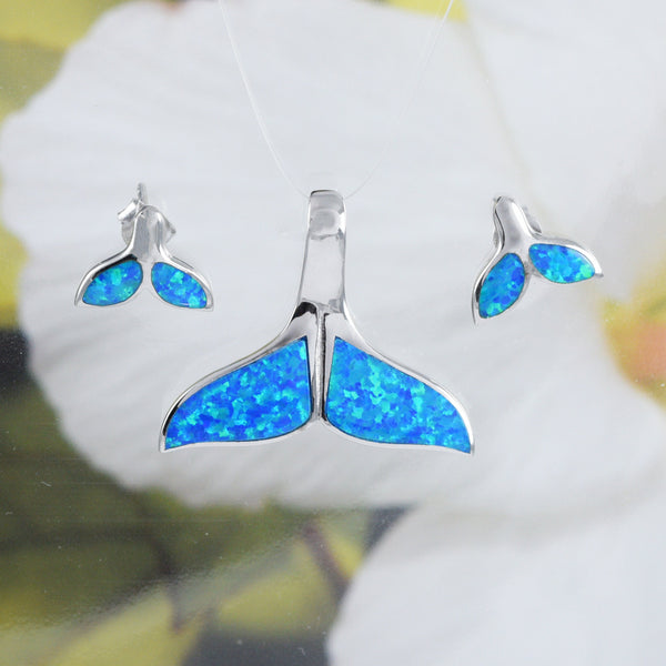 Beautiful Hawaiian Large Blue Opal Whale Tail Earring and Necklace, Sterling Silver Blue Opal Whale Tail Pendant, N6018S Birthday Mom Gift