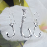 Gorgeous Hawaiian Large 3D Fish Hook Earring and Necklace, Sterling Silver Fish Hook Pendant, N6032S Birthday Valentine Mom Gift