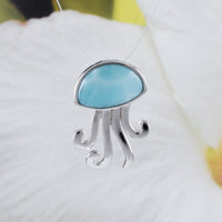 Unique Hawaiian Genuine Larimar Jellyfish Necklace, Sterling Silver Larimar Jellyfish Pendant, N8440 Birthday Valentine Wife Mom Gift