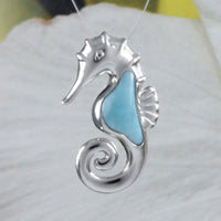 Unique Hawaiian Genuine Larimar Seahorse Necklace, Sterling Silver Larimar Seahorse Pendant, N8446 Birthday Valentine Wife Mom Gift