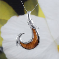Gorgeous Hawaiian Large Genuine Koa Wood Fish Hook Necklace, Sterling Silver Fish Hook Pendant, N8515 Birthday Valentine Gift