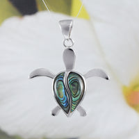 Unique Hawaiian Large Genuine Paua Shell Sea Turtle Necklace, Sterling Silver Abalone MOP Turtle Pendant, N8530 Valentine Birthday Mom Gift