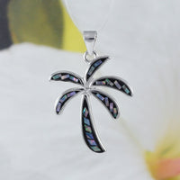 Beautiful Hawaiian Large Genuine Paua Shell Palm Tree Necklace, Sterling Silver Abalone MOP Palm Tree Pendant, N8532 Birthday Mom Gift