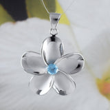 Beautiful Hawaiian X-Large Genuine Blue Topaz Plumeria Necklace, Sterling Silver Plumeria Flower Pendant, N8533 Birthday Valentine Mom Gift