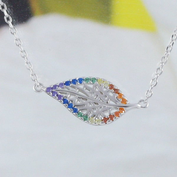 Beautiful Hawaiian Rainbow Maile Leaf Necklace, Sterling Silver Multi-Color Stone Maile Leaf Necklace, N8543 Birthday Mom Valentine Gift