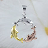 Unique Hawaiian Tri-color 3 Dolphin Necklace, Sterling Silver 3 Dolphin Charm Pendant, N9194 Birthday Wife Mom Christmas Gift