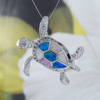 Gorgeous Hawaiian X-Large Tri-color Opal Sea Turtle Necklace, Sterling Silver Blue White Pink Opal Turtle Pendant, N8365 Birthday Mom Gift