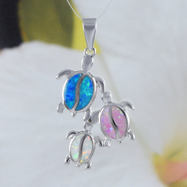 Unique Beautiful Hawaiian Mom & 2 Baby Sea Turtle Necklace, Sterling Silver Tri-color Opal Sea Turtle Family Pendant, N8369 Birthday Gift