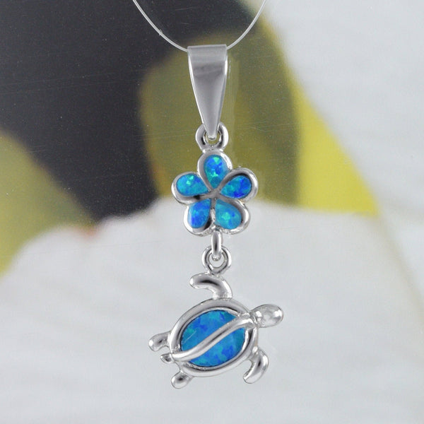 Unique Beautiful Hawaiian Blue Opal Plumeria Sea Turtle Necklace, Sterling Silver Blue Opal Plumeria Turtle Pendant, N8372 Birthday Mom Gift