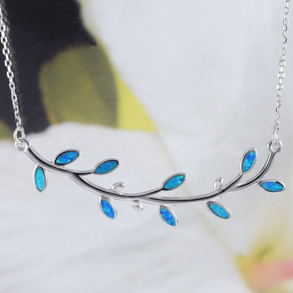 Unique Beautiful Large Hawaiian Blue Opal Maile Leaf Necklace, Sterling Silver Blue Opal Maile Leaf Necklace, N8391 Birthday Valentine Gift