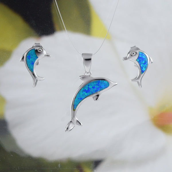 Beautiful Hawaiian Blue Opal Dolphin Necklace and Earring, Sterling Silver Blue Opal Dolphin Pendant, N6149S Birthday Valentine Mom Gift