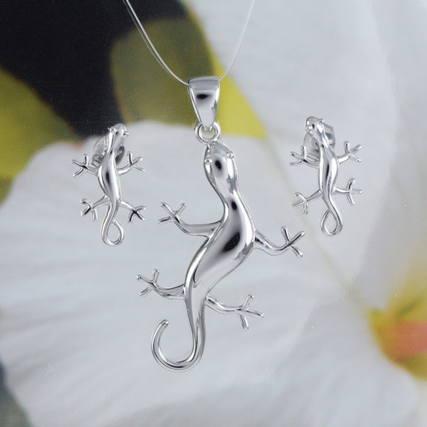 Stunning Hawaiian X-Large Gecko Necklace and Earring, Sterling Silver Gecko Pendant, N6119S Birthday Valentine Wife Mom Gift, Statement PC