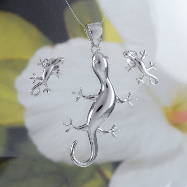 Stunning Hawaiian X-Large Gecko Necklace and Earring, Sterling Silver Gecko Pendant, N6120S Birthday Valentine Wife Mom Gift, Statement PC