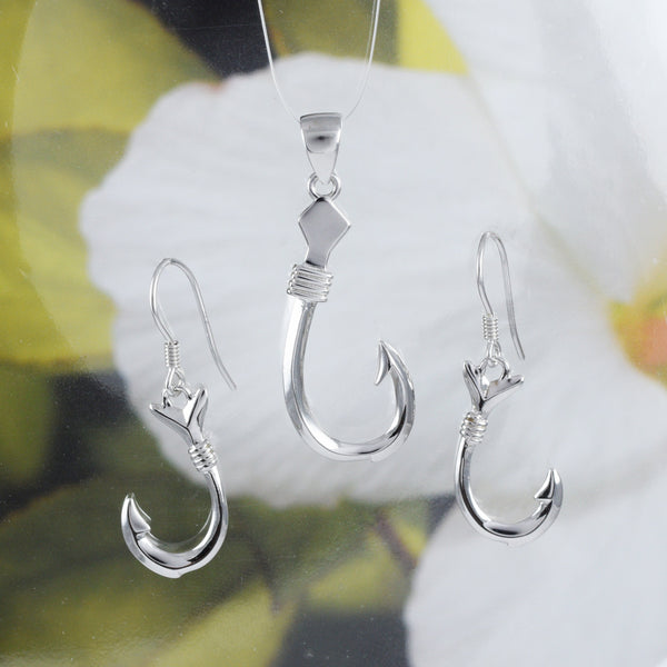 Beautiful Large Hawaiian 3D Fish Hook Necklace and Earring, Sterling Silver 3D Fish Hook Pendant, N6124S Birthday Valentine Gift