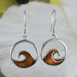 Beautiful Hawaiian Large Genuine Koa Wood Ocean Wave Earring, Sterling Silver Wave Dangle Earring, E8427 Valentine Birthday Mom Wife Gift