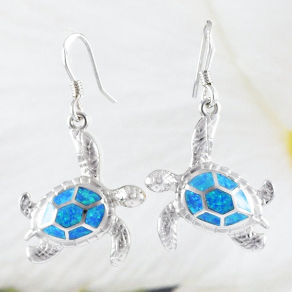 Gorgeous Hawaiian Large Blue Opal Sea Turtle Earring, Sterling Silver Blue Opal Turtle Dangle Earring, E8405 Valentine Birthday Mom Gift