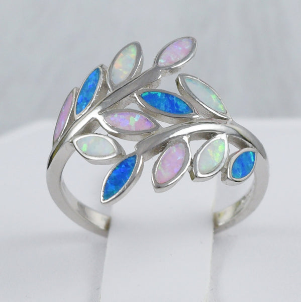 Unique Beautiful Hawaiian Large Tri-color Opal Maile Leaf Ring, Sterling Silver Opal Maile Leaf Ring, R2382 Birthday Mom Wife Valentine Gift