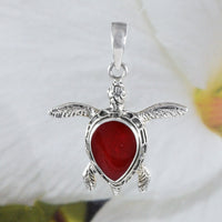 Unique Hawaiian Red Coral Sea Turtle Necklace, Sterling Silver Red Coral Turtle Pendant, N8568 Valentine Birthday Gift, Statement PC