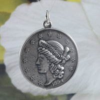 Unique Gorgeous Large Kellogg Coin 1854 Necklace, Sterling Silver Coin Pendant, N8592 Statement PC