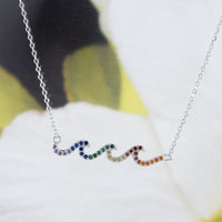 Unique Hawaiian Rainbow Ocean Wave Necklace, Sterling Silver Multi-Color Stone Wave Necklace, N8542 Birthday Mom Valentine Gift