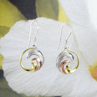 Beautiful Hawaiian Tri-color 3-tone Ocean Wave Earring, Sterling Silver Wave Dangle Earring, E8557 Valentine Birthday Mom Wife Gift