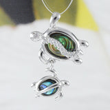 Unique Hawaiian Genuine Paua Shell Mom and Baby Sea Turtle Necklace, Sterling Silver Abalone MOP Turtle Pendant, N8531 Birthday Mom Gift