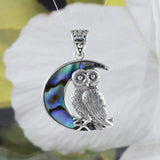 Unique Hawaiian Genuine Paua Shell Owl Necklace, Sterling Silver Owl Sitting on Moon Pendant, N8631 Birthday Mom Valentine Gift