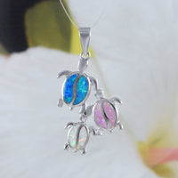 Unique Beautiful Hawaiian Mom & 2 Baby Sea Turtle Necklace, Sterling Silver Tri-color Opal Sea Turtle Family Pendant, N8369 Birthday Gift