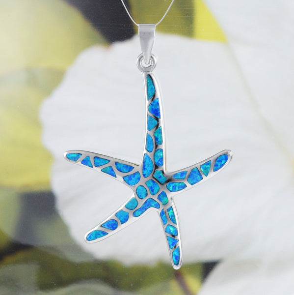 Gorgeous X-Large Hawaiian Blue Opal Starfish Necklace, Sterling Silver Blue Opal Star Fish Pendant, N8376 Birthday Mom Gift, Statement PC