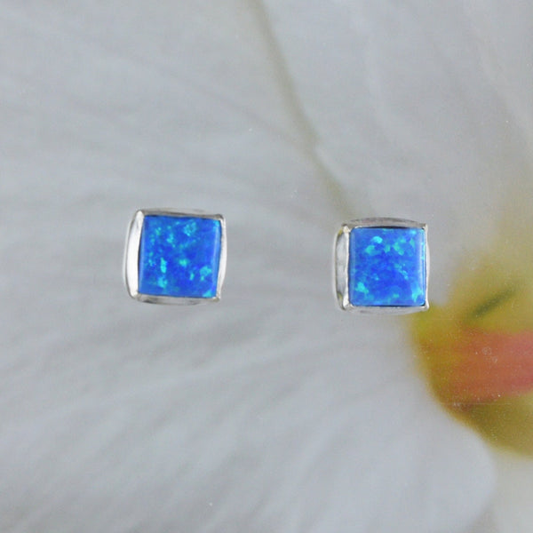 Beautiful Hawaiian Blue Opal Square-Cut Earring, Sterling Silver Blue Opal Stud Earring, E8633 Birthday Valentine Mom Gift