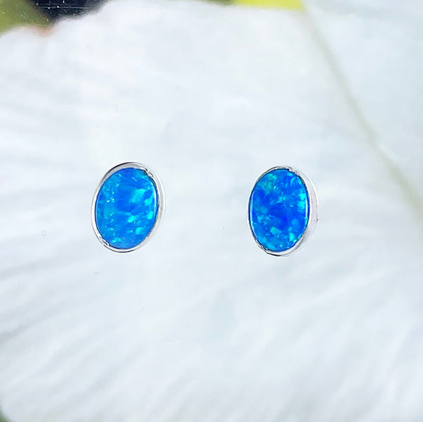 Beautiful Hawaiian Blue Opal Oval Cut Earring, Sterling Silver Blue Opal Stud Earring, E8635 Birthday Valentine Mom Gift