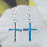 Beautiful Hawaiian Large Blue Opal Cross Earring, Sterling Silver Blue Opal Cross Dangle Earring E8418 Christian Mom Valentine Birthday Gift