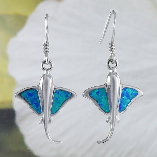 Unique Stunning Hawaiian Blue Opal Stingray Earring, Sterling Silver Blue Opal Sting Ray Dangle Earring, E8417 Birthday Mom Valentine Gift