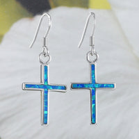 Beautiful Hawaiian Large Blue Opal Cross Earring, Sterling Silver Blue Opal Cross Dangle Earring E8418 Christian Mom Valentine Birthday Gift
