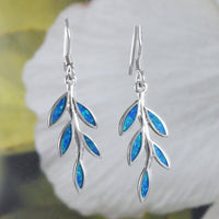Unique Hawaiian Blue Opal Maile Leaf Earring, Sterling Silver Blue Opal Maile Leaf Dangle Earring, E8419 Birthday Mom Wife Valentine Gift