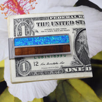 Gorgeous Hawaiian X-Large Genuine Koa Wood Blue Opal Money Clip, Stainless Steel Hawaiian Money Clip, N8430 Birthday Gift, Statement PC
