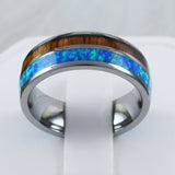 Unique Stunning Hawaiian Genuine KOA Wood Blue Opal Tungsten Band Ring, Anniversary Birthday Valentine Gift, R2379 Statement PC