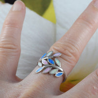 Unique Beautiful Hawaiian Large Tri-color Opal Maile Leaf Ring, Sterling Silver Opal Maile Leaf Ring, R2382 Birthday Mom Wife Valentine Gift