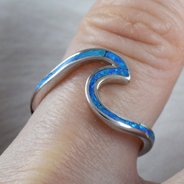 Unique Hawaiian Blue Opal Ocean Wave Ring, Sterling Silver Nalu Ocean Wave Ring, R2383 Birthday Valentine Anniversary Mom Gift