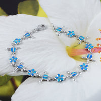 Beautiful Hawaiian Blue Opal Sea Turtle Plumeria Bracelet, Sterling Silver Opal Turtle Plumeria Bracelet, B3308 Birthday Mom Valentine Gift