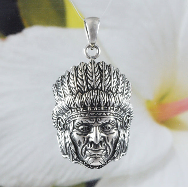 Unique Hawaiian Large Indian Chief Necklace, Sterling Silver Indian Pendant, High Polish & Oxidized Finish, N8622 Birthday Mom Gift