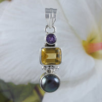 Unique Hawaiian Large Genuine Black Pearl Citrine Amethyst Necklace, Sterling Silver Natural Gemstone Pendant, N8830 Mom Gift, Statement PC