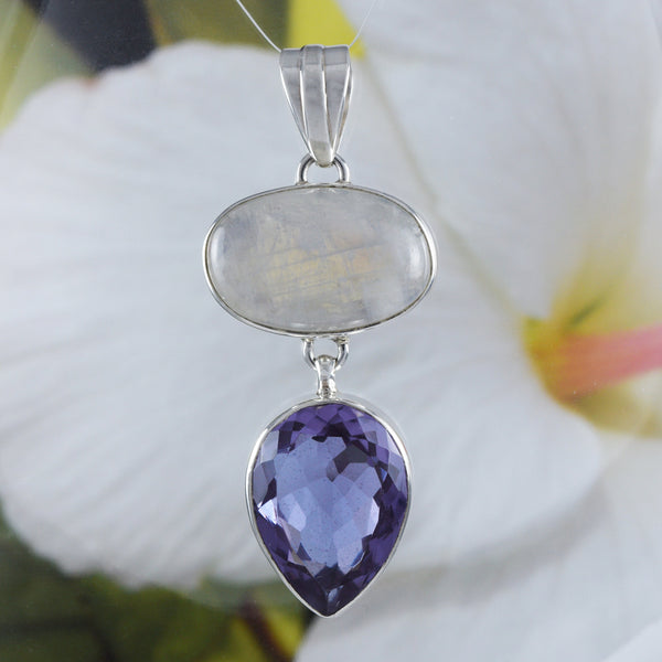 Gorgeous Hawaiian X-Large Genuine Moonstone Amethyst Necklace, Sterling Silver Natural Moonstone Amethyst Pendant, N8822 Statement PC